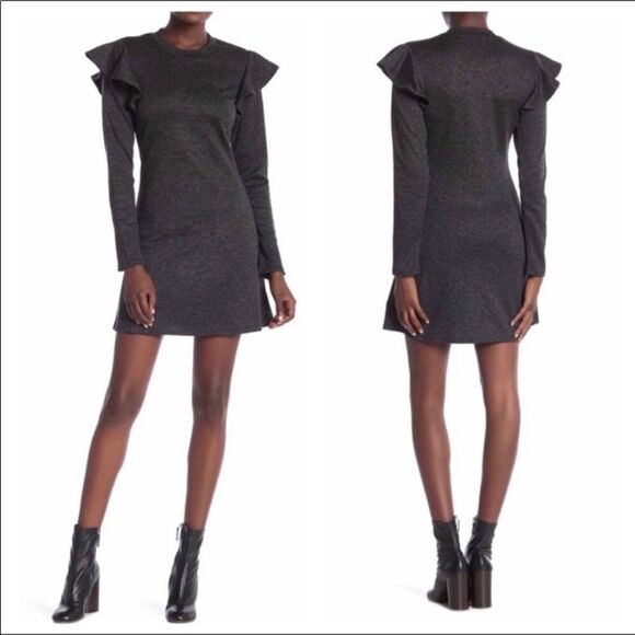 NWT Free Generation LA Gray Ruffle Strong Shoulder Fit & flare Mini Dress M - Picture 1 of 10